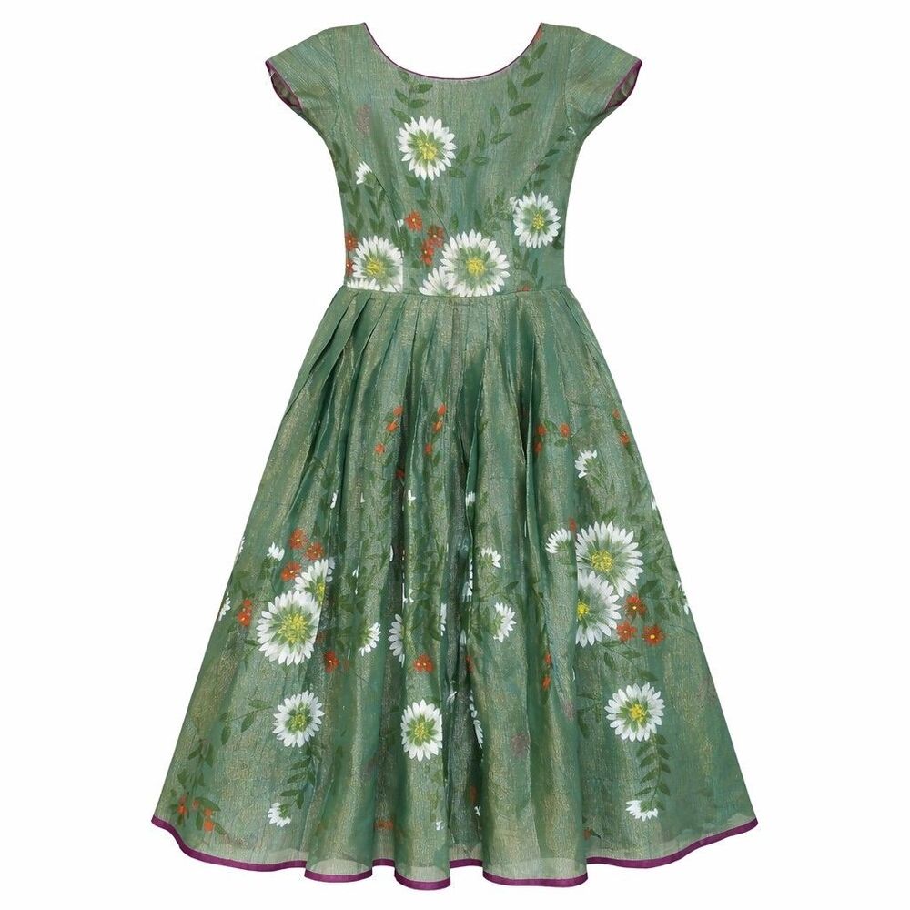 Hand Painted Chiffon Daisy Print Formal Dress Cap Sleeve- Girls Size L/XL